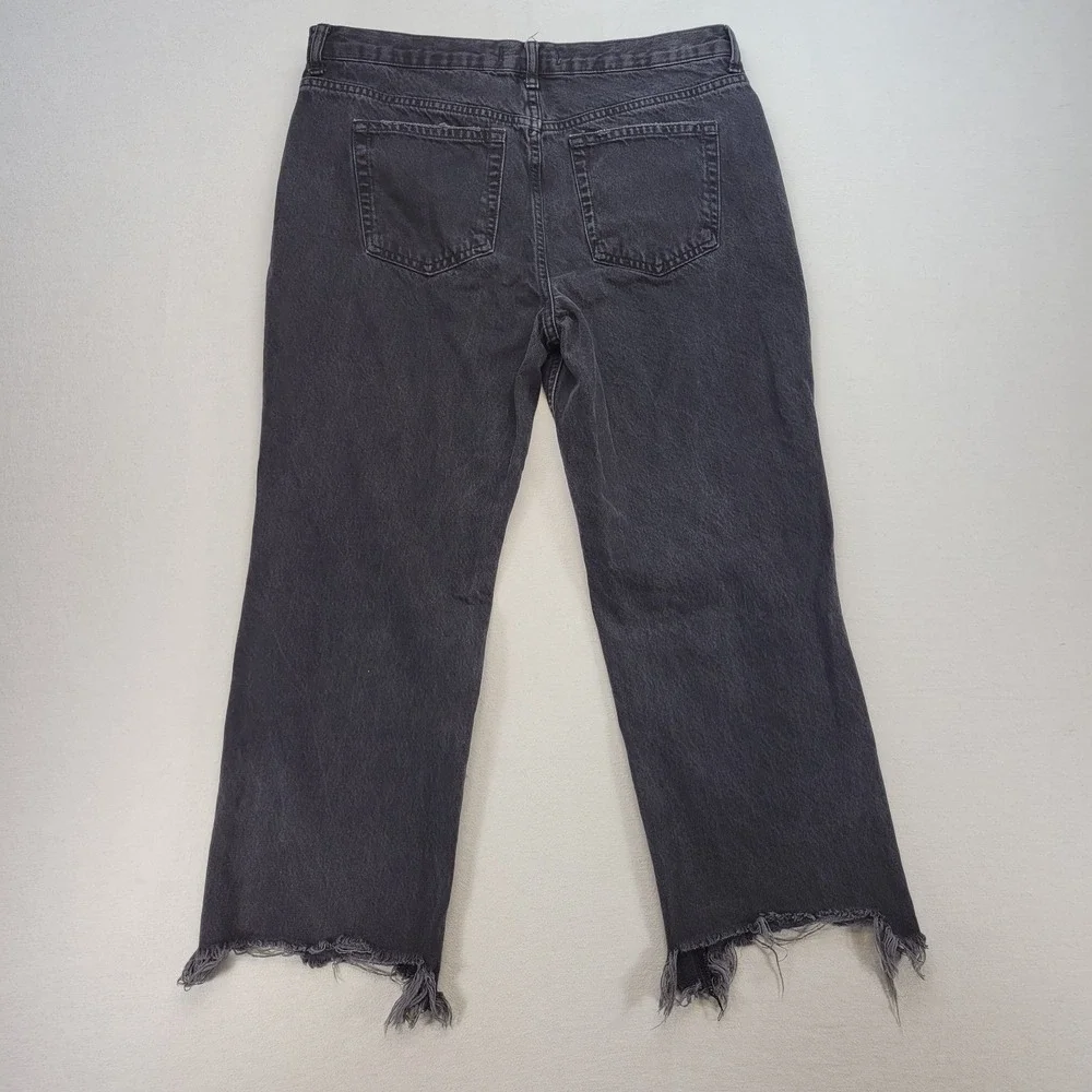 Free People Jeans Women 31 Black Straight Ankle Fray Button Fly Distressed Denim